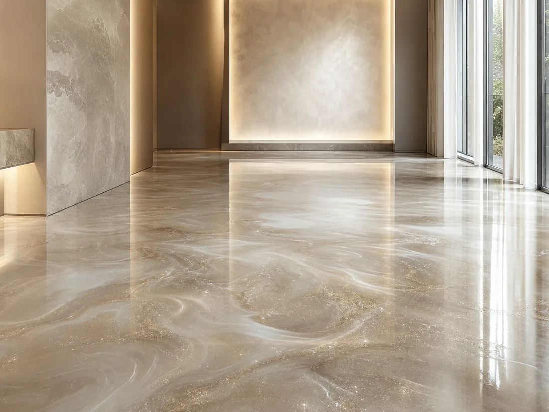 Résine de sol décorative effet pailleté et métallisé — surface vivante aux reflets nacrés