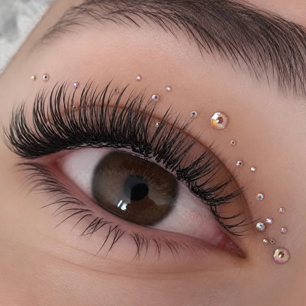 Pose récente — cils et strass, Room beauté
