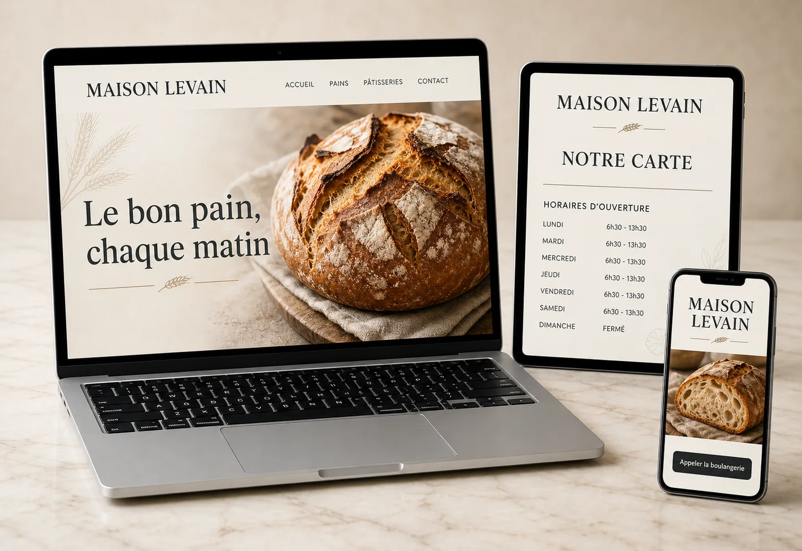 The same website shown on a laptop, tablet and phone