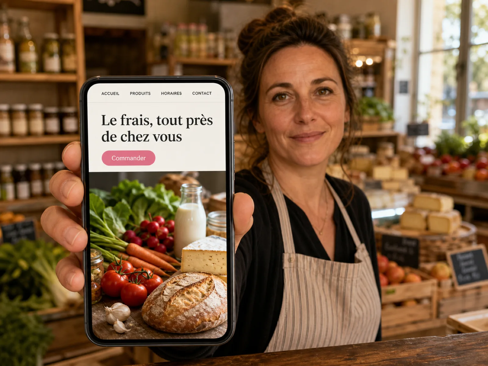 Shop owner showing her store's website on her phone