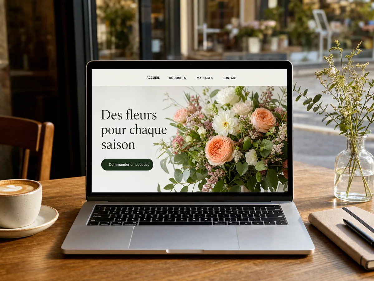 Laptop showing a florist website on a café table